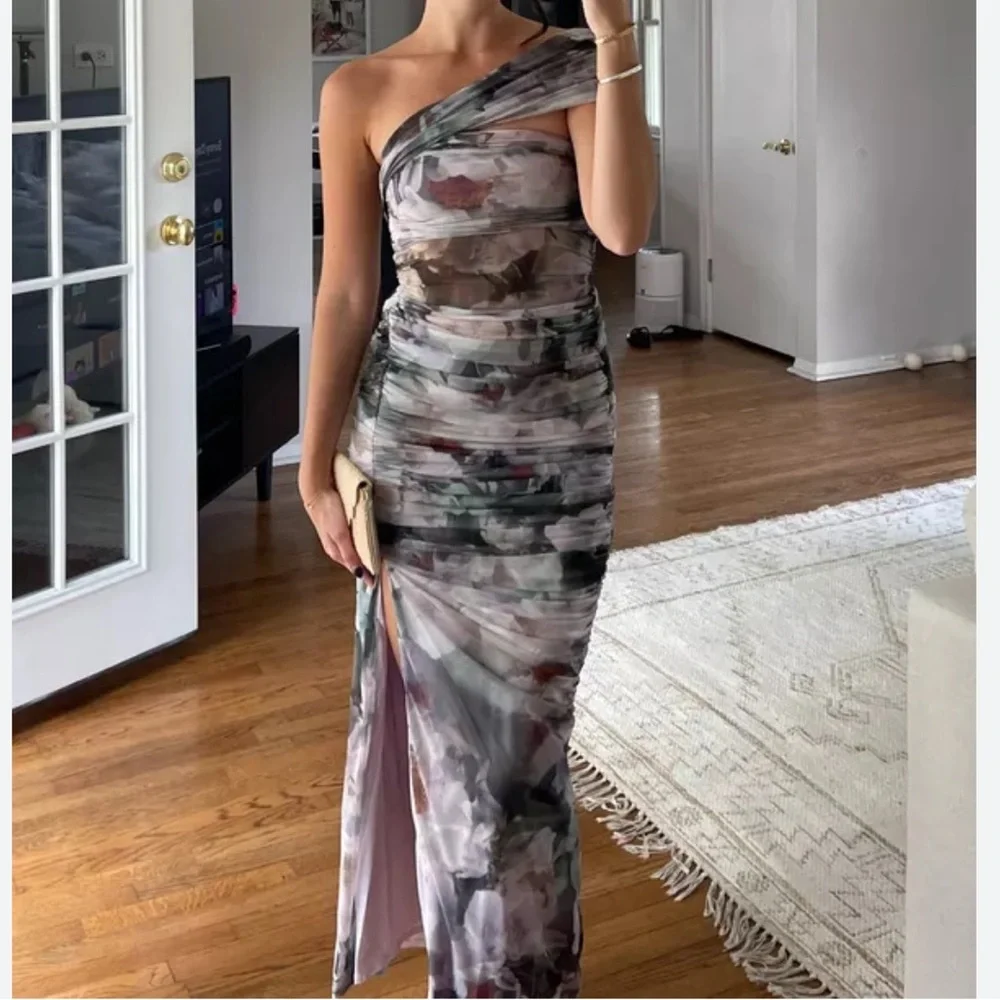 Abercrombie & Fitch Floral One-Shoulder Ruched Maxi Dress in Green and Gray